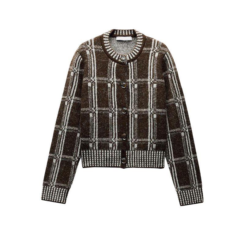 25 Spring New Women's Clothing Idle Style Plaid Printed round Neck Long Sleeves Knitting Cardigan Outwear 6236006