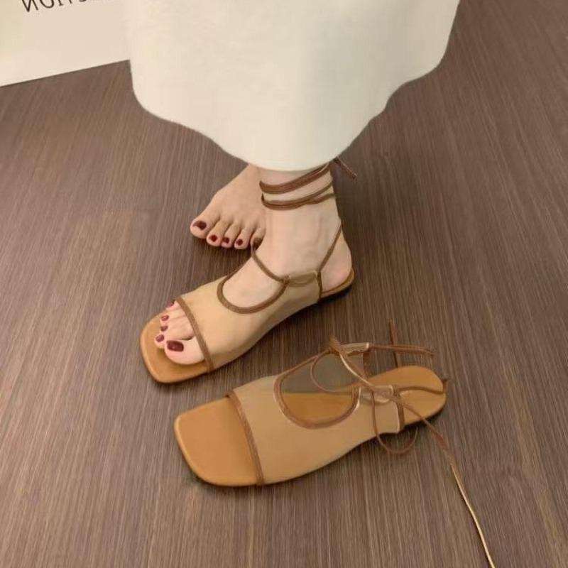 Modische Französische Nische Zehenoffene Flache Atmungsaktive Netz-Sandalen für Damen Sommer 2025 Neu Schnür-Casual Strand Römische Schuhe