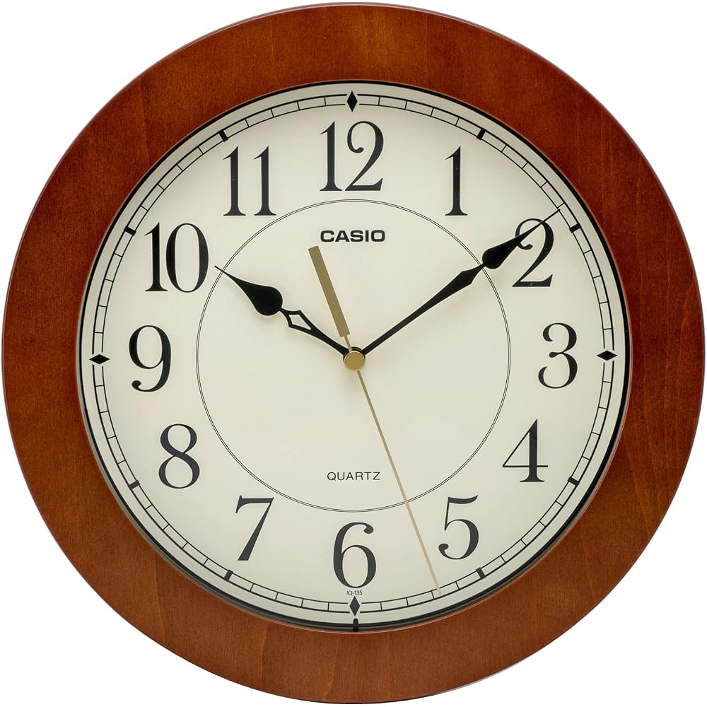 CASIO Wall Clock, Brown, Analog, Wooden Frame, Wood Grain Finish, IQ-135-5JF