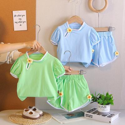 Children's Summer Floral Chinese Style Short Sleeve Two-Piece Set - Casual Baby Girl T-shirt and Shorts