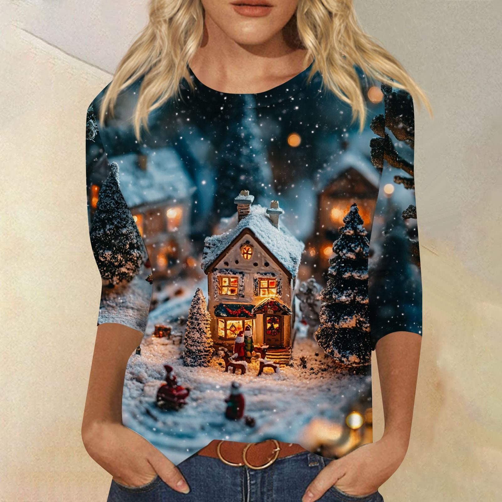 

Женская мода повседневная рубашка с круглым вырезом и рождественским принтом, семь рукавов XXXXXL синий