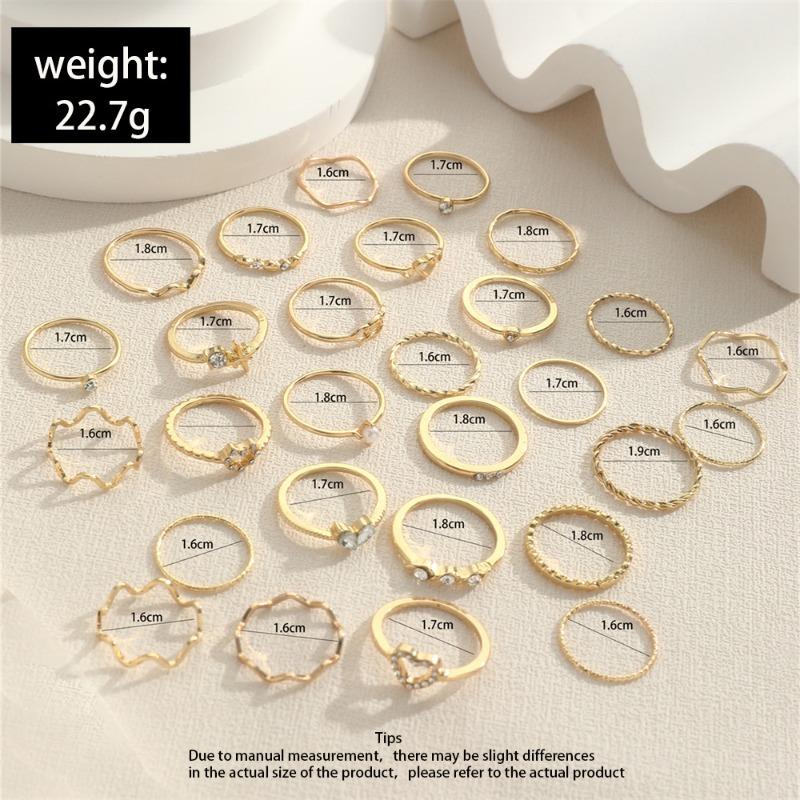 28Pcs Set Trendy Simple Gold Color Geometric Inlay Zircons Hollowed-out Heart Shape Wave Joint Rings for Women Designer Jewelry