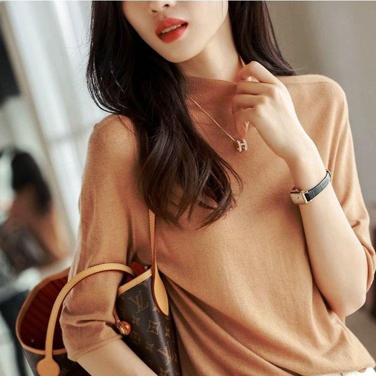 Half Neck Sweater with Seven Sleeves Women's Top Knitted Sweater Loose T-shirt