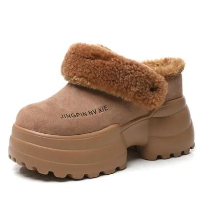 Modes Augstākās kvalitātes 10 CM šķeltas ādas vulkanizēta platforma ķīļveida atsperu apavi potītes zābaciņi sievietēm Pumpas ziemas plīša siltas čības rudens
