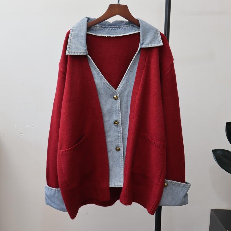 

Осень и зима новый вязаный кардиган из денима в стиле пэчворк, темпераментный, с высоким чувством стиля, свободный свитер-куртка для женщин One size