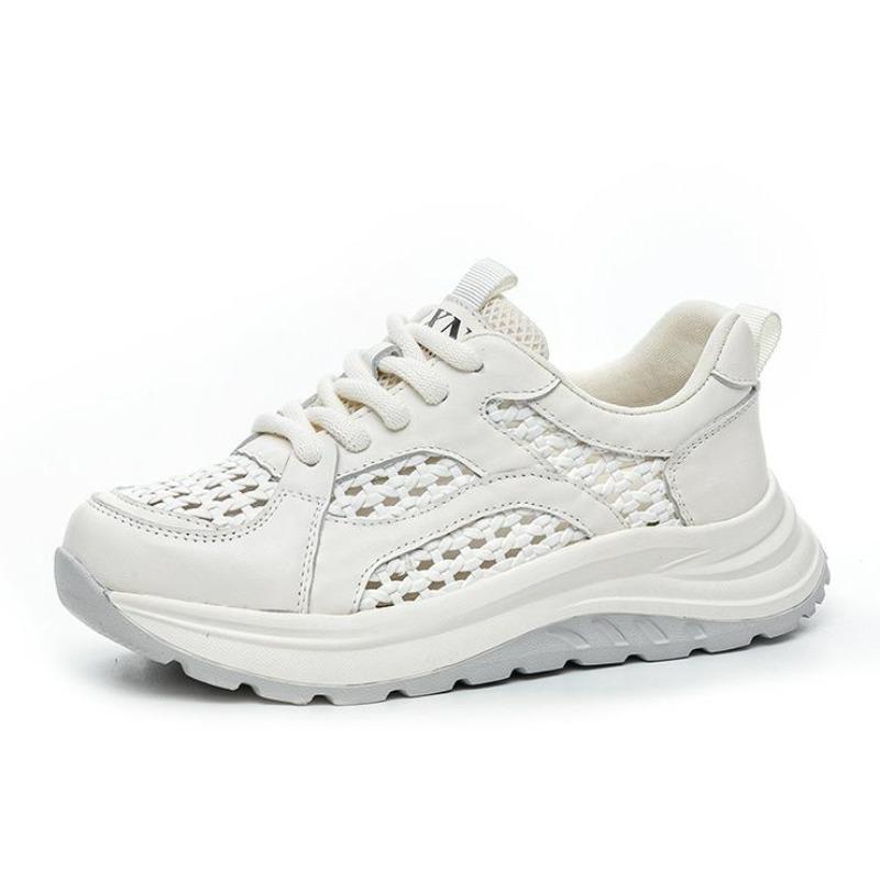 Fashion 4.5CM Summer Woven Mesh Shoes Women Thick Sole Lace-Up Lightweight Breathable Genuine Leather Casual Sneakers 2025 Women Shoes