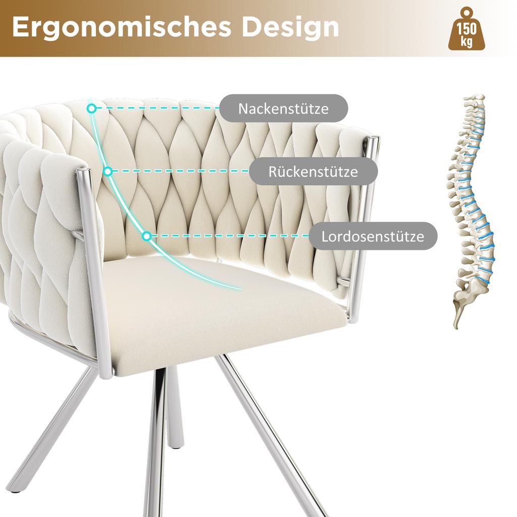 Samt Esszimmerstuhl, 2er-Set, Einzelner leichter Luxus Wohnzimmer Schlafzimmer Drehstuhl, Freizeit-Drehstuhl mit vier Metall-Stützbeinen, Beige+Silber
