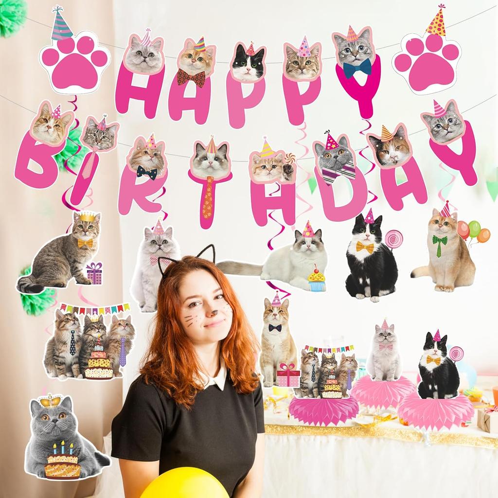 Cat Birthday Party Hanging Swirls - NOVBAUB 20PCS Lovely Pink Cat Birthday Party Supplies Honeycomb Centerpieces Cute Cat Theme Birthday Party