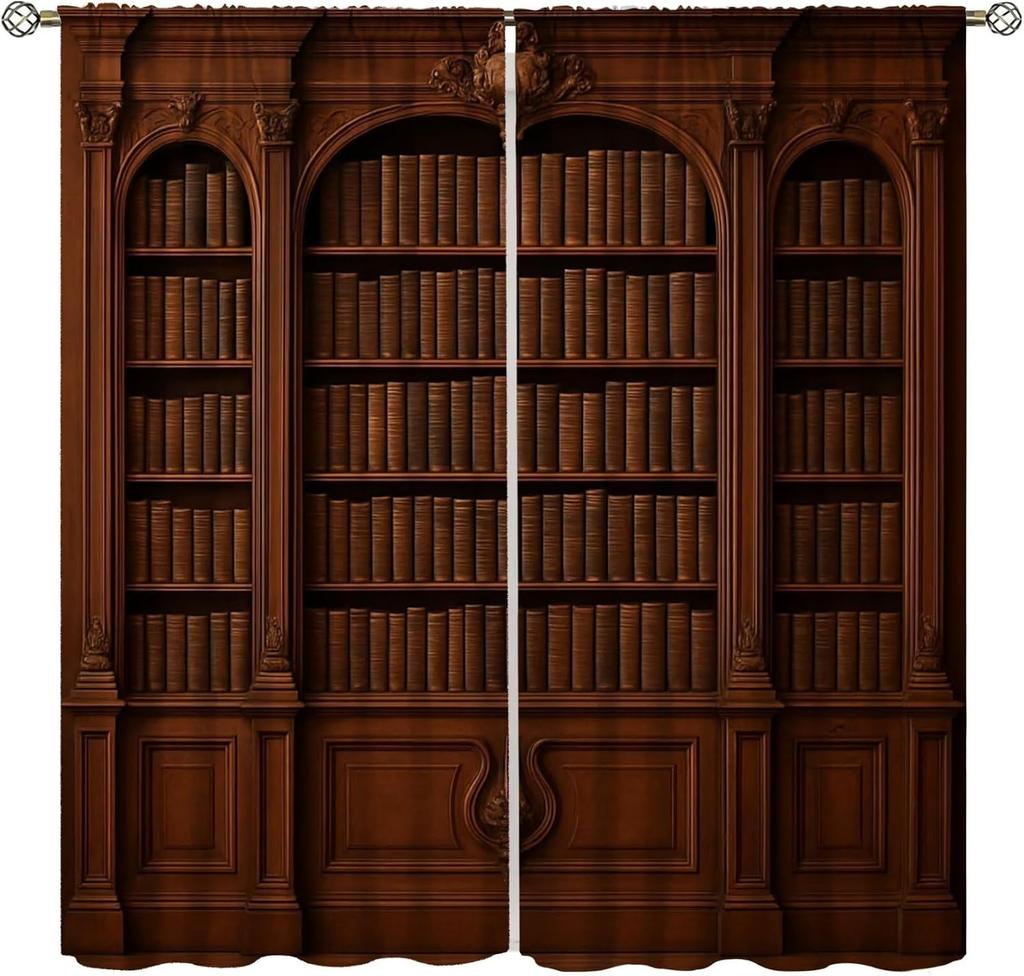 Gothic Bookshelf Curtain Antique Bookcase Spooky Skull Magic Book Halloween Themed Decor Window Kids Teens Adults Curtains Made Of Polyester