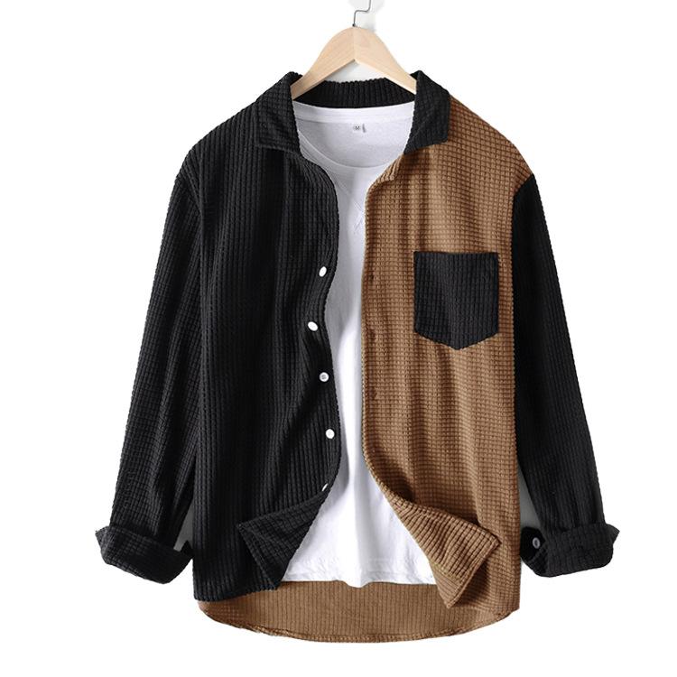

Men s Color Blocking Long Sleeved Shirt Casual Turn-down Collar Single Breasted Loose Shirt Jacket M