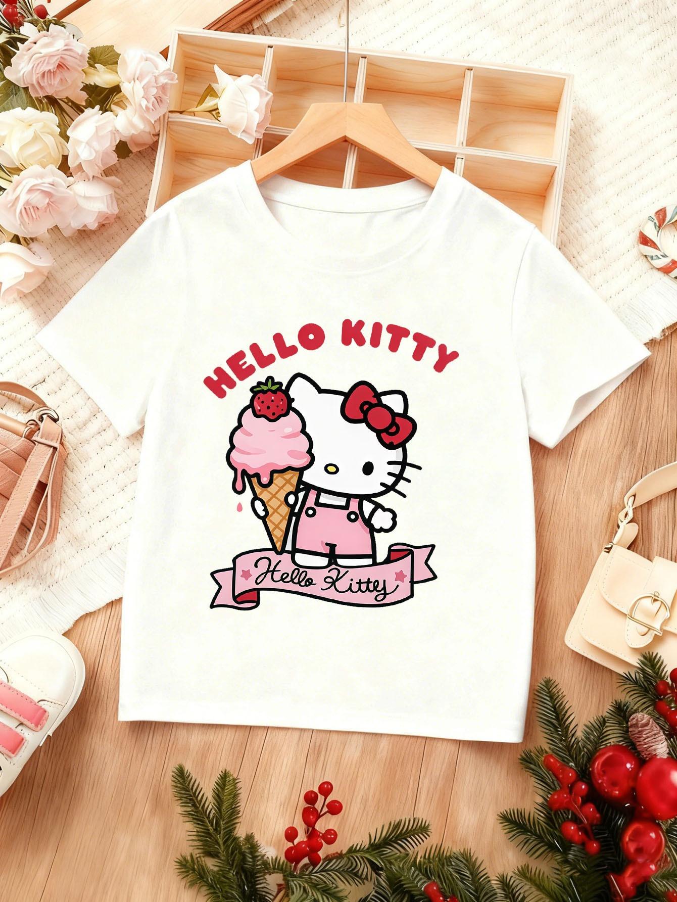 

Hello Kitty Strawberry Ice Cream Print Tshirt Summer Girl Soft Material Fashion and Trend Diverse Design of Parentchild Wear S