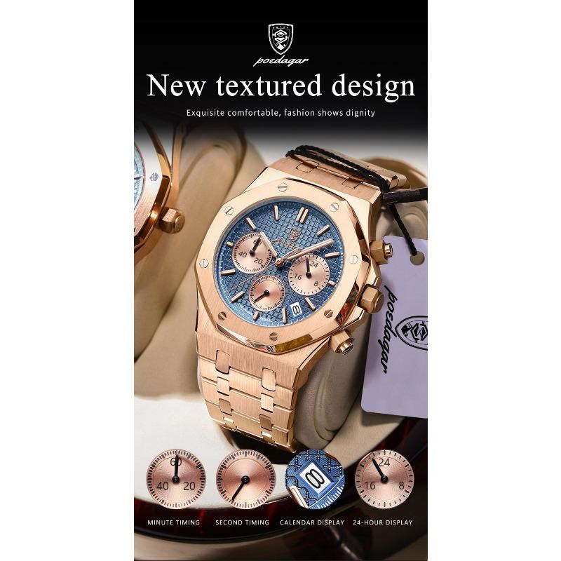POEDAGAR Luxury Men's Watches Stainless Steel Date Chronograph Male Watch Waterproof Luminous Military Quartz Wristwatch
