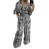 2025 Women's European & American V-Neck Tie-Up Jumpsuit - Sexy Loose Autumn Wear, 3/4 Sleeves.