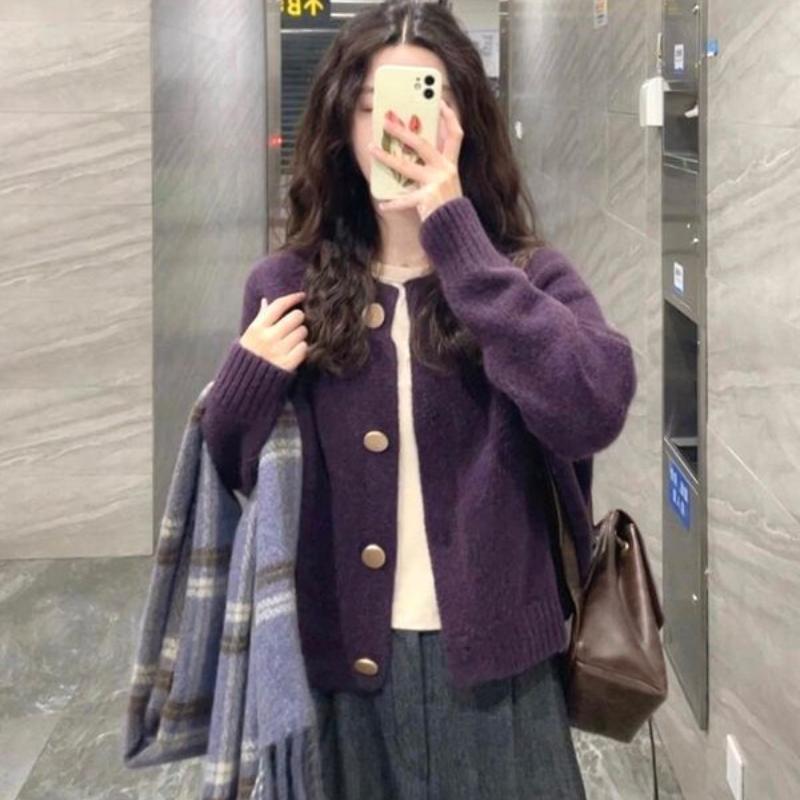 Purple Raccoon Down Cardigan Sweater Coat for Women Autumn Winter Loose Lazy Style Outerwear Knitted Top