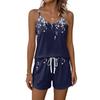 Women Summer Casual Two Piece Set Floral Print Tank Top Square Neck Sleeveless Sportswear With Pockets Drawstring Waist Shorts