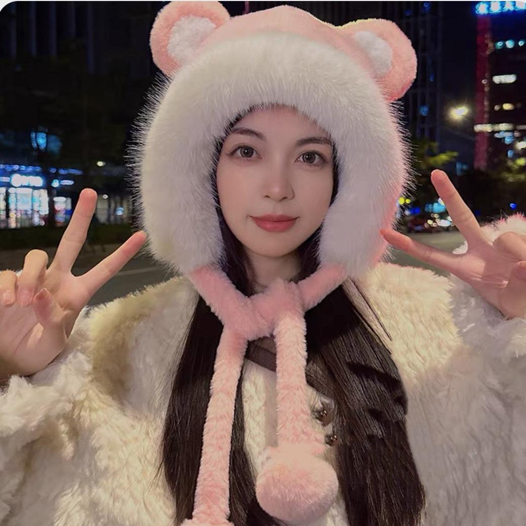 

Женская осенне-зимняя толстая плюшевая шапка с ушками плюшевого мишки, модная универсальная плюшевая шапка, большой обхват головы, защита ушей, теплая шапка