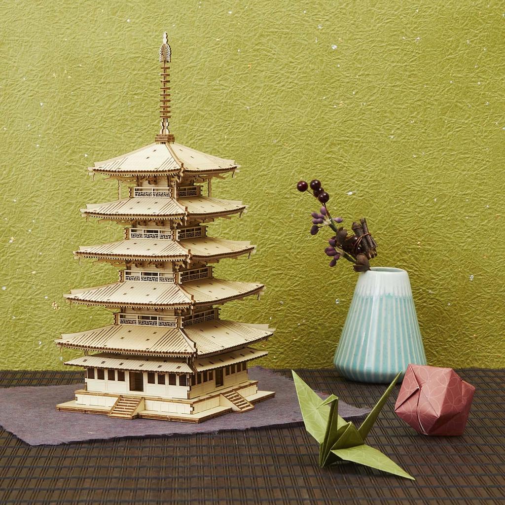 ki-gu-mi Five-Storied Pagoda - A wooden 3D puzzle DIY craft kit that can be enjoyed by elementary school children to adults - An educational toy for b
