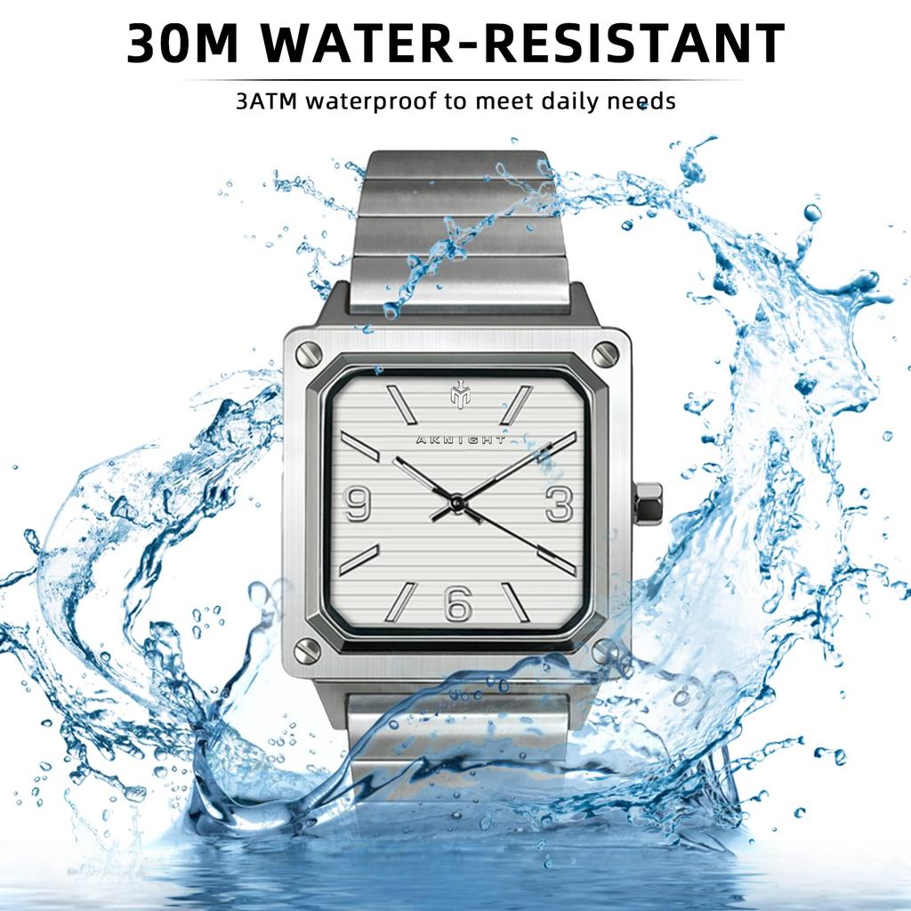 AKNIGHT Watch Louvered Dial Analog Business Stainless Day Square Face Men's - Popular, Texture, Waterproof, Quartz, Watch, Steel, Father's Gift,