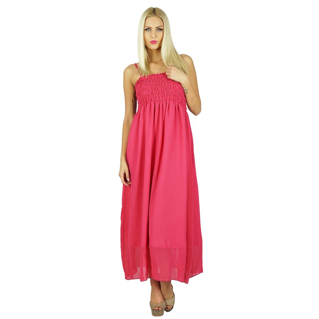 Bimba Kvinner lang maxikjole 2-delt Georgette Flowy smocked kjole