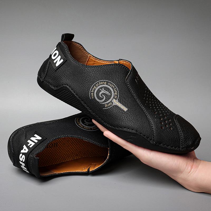 

Summer 2025 New Plus Size Men s Casual Soft Sole Beanie Shoes Hollow Breathable Lazy Man Put-On Men s Leather Shoes 38 чёрный