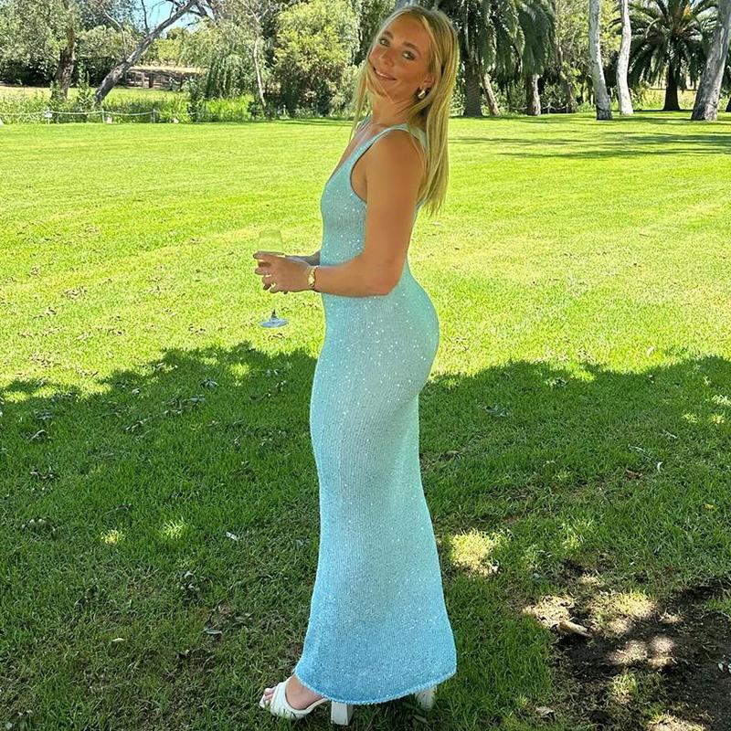 Sommer Sexy Durchsichtiges Langes Kleid Für Frauen Hohe Taille Ärmellose Schlanke Midikleider Damen Party Bodycon Glänzende Pailletten Abend Elegantes Kleid Dame