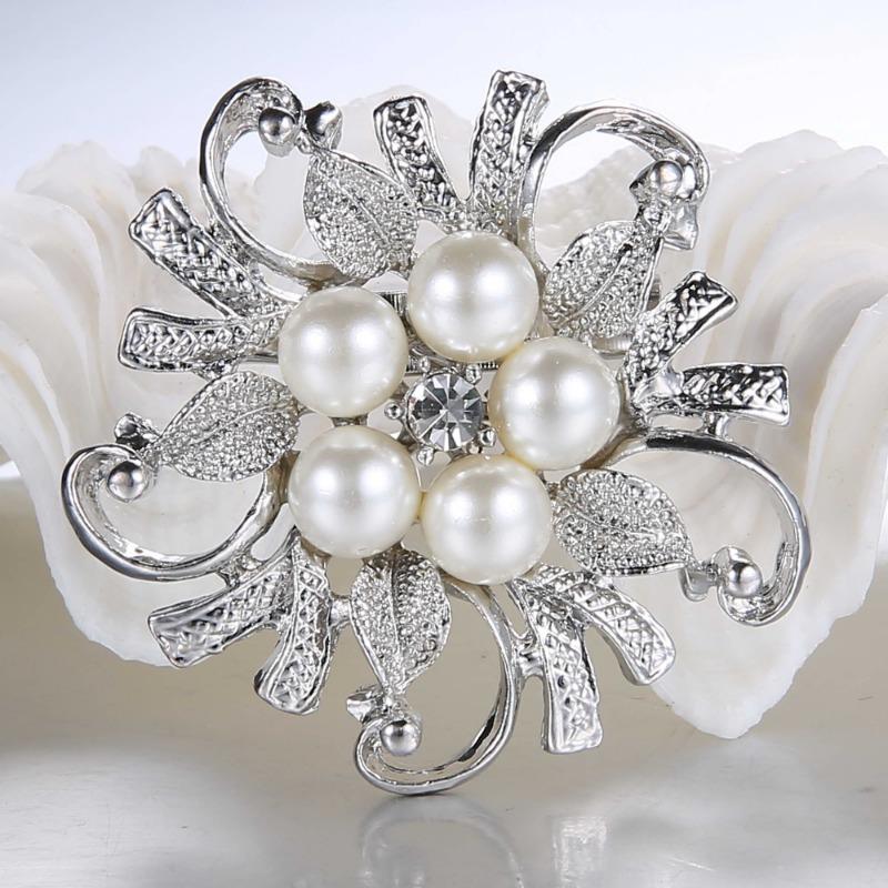 Fashion Silver Plated Wedding Brooches Simulated Pearl Brooch Flower Collar Dressing Hijab Pins Fashion Jewelry.