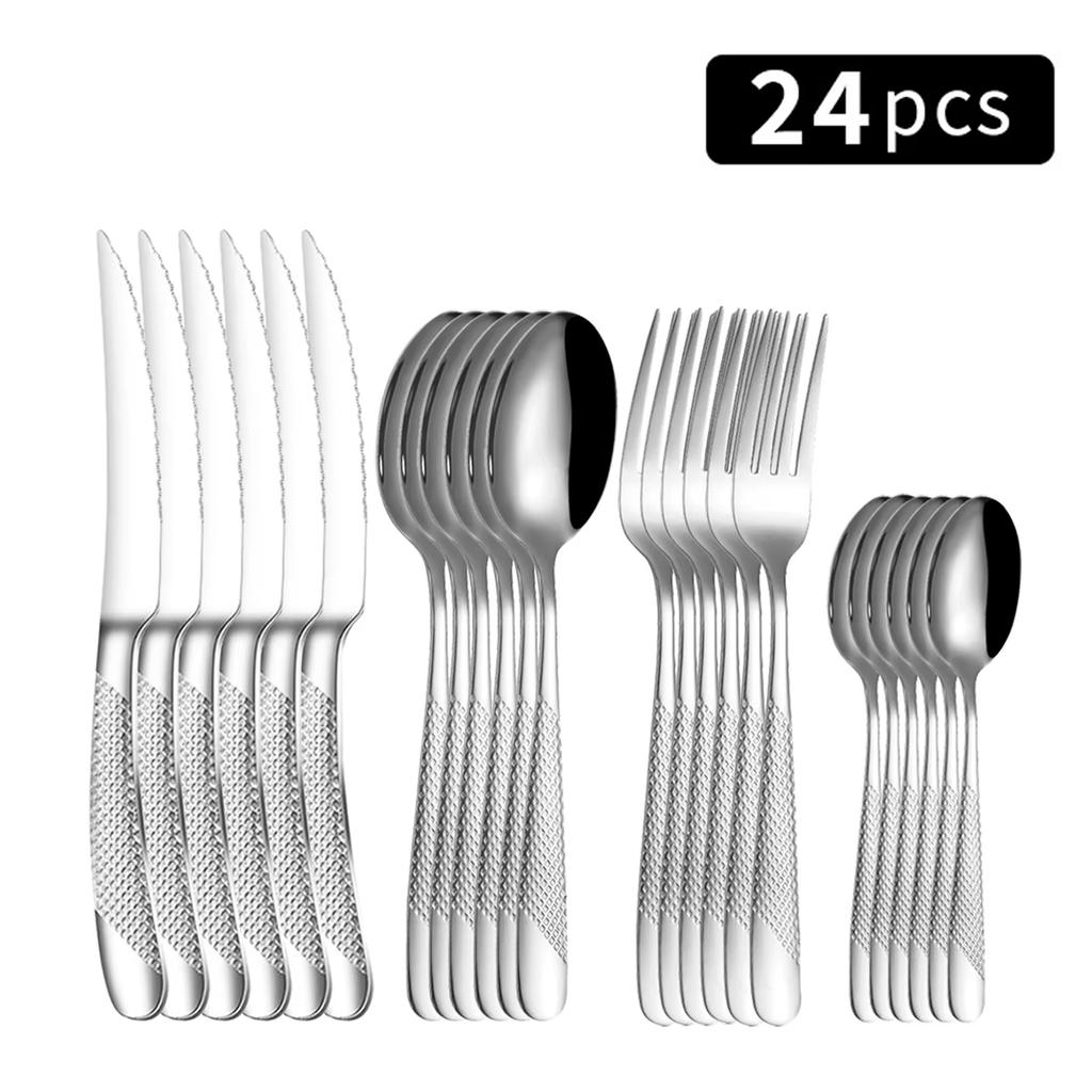 24pcs Stainless Steel Knife, Fork and Spoon Tableware Set, Home 6-person Dinner Tableware, Hotel and Restaurant Available