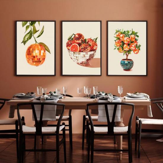 3Pcs Retro Disco Oranges Wall Art Funky Girl Preppy Wall Decor Pictures Fashion Glam Fruit Orange Food Mirror Ball Posters Canvas Prints for Bar Cart