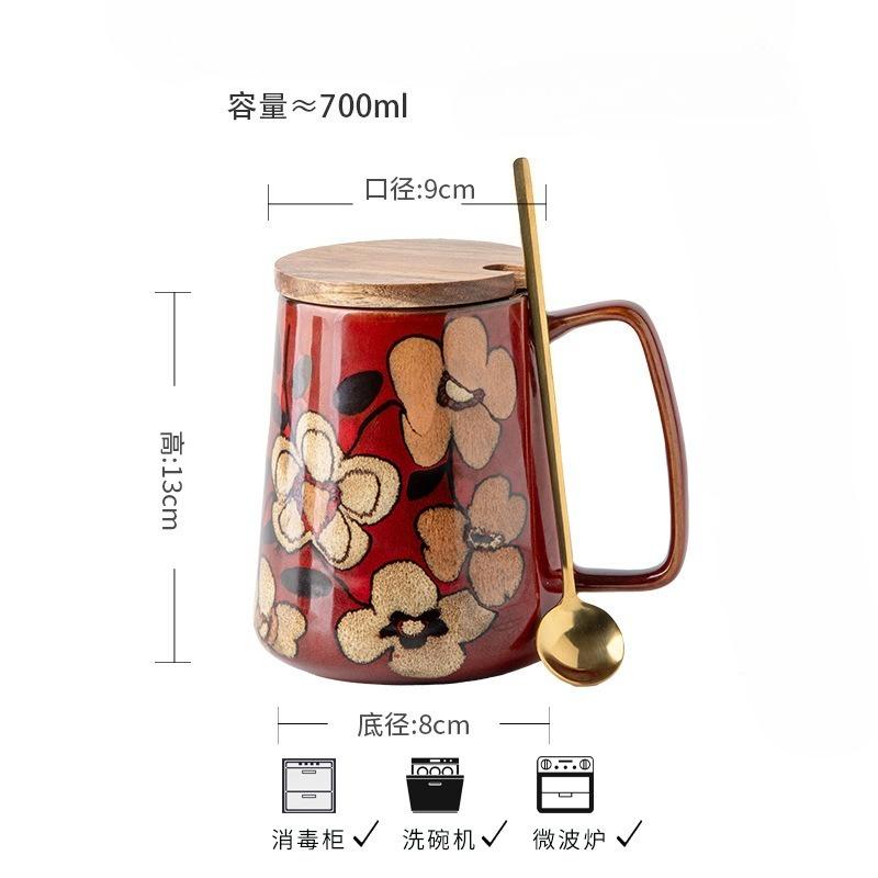 700ml Large Capacity Ceramic Coffee Cup Office/Home Water Cup Chinese Hand-drawn Pattern Mug with Wooden Cover with Spoon