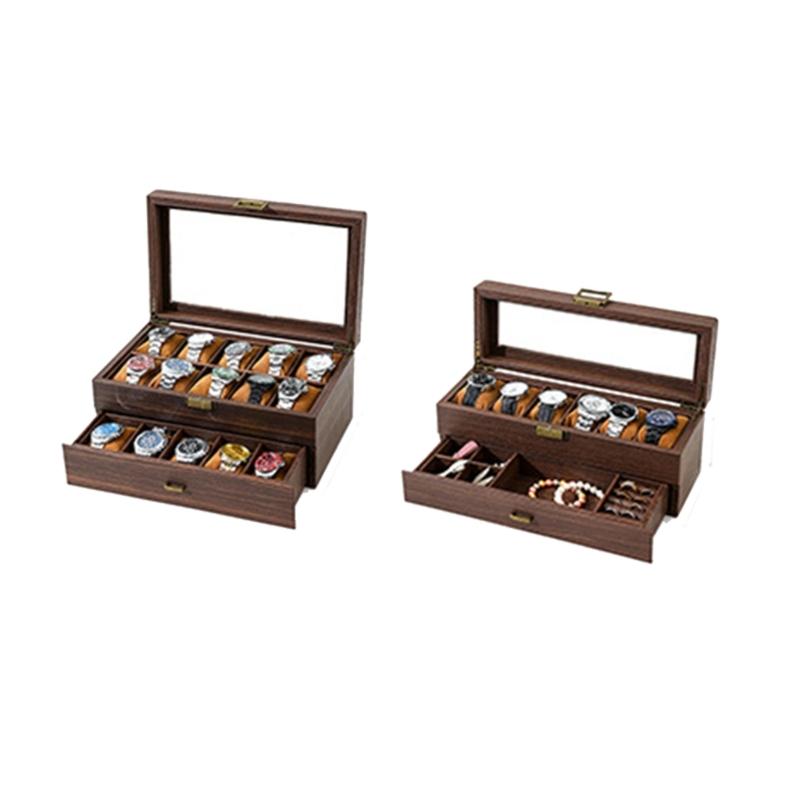 Luksusowy uchwyt do przechowywania zegarków w kolorze Espresso Stylowe etui na zegarki z 6/20 miejscami dla mężczyzn z podwójnymi warstwami i szklanym wieczkiem