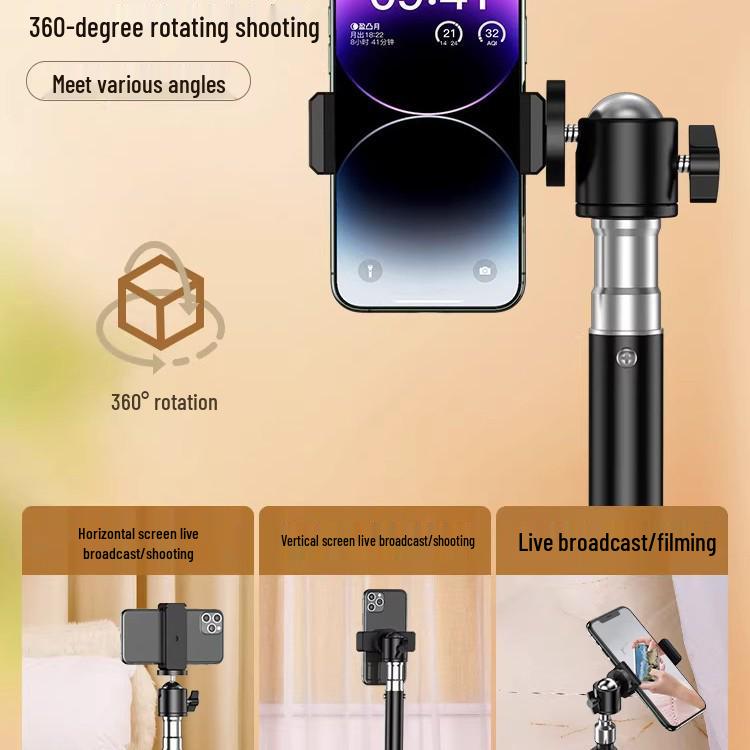 Doldurma Işığı ve Termometreli Bluetooth Tripod - Canlı Yayın ve Fotoğrafçılık İçin Yere Basan, Teleskopik Cep Telefonu Tutucu