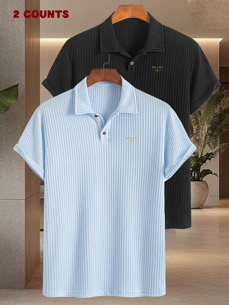 2pcs Milano Printed Men's Work Shirts,Short Sleeve Golf Polo Shirts | Casual Comfortable Soft Knit Lapel Collar, Ideal for Daily Business Wear