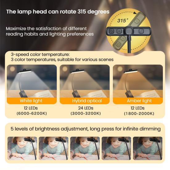 24 LED Rechargeable Book Light for Reading in Bed Stepless Dimming Clip Reading Light with 3 Colors And 5 Brightness for Studying