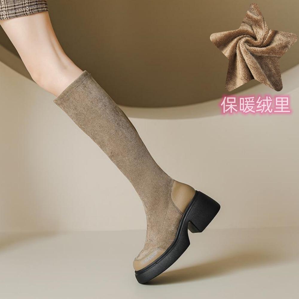 

Замшевые мартинсы на толстой подошве, длинные сапоги, женские осенне-зимние, на толстом каблуке, 7 см высокий каблук, водонепроницаемая подошва-танкетка, эластичные и тонкие высокие сапоги 40