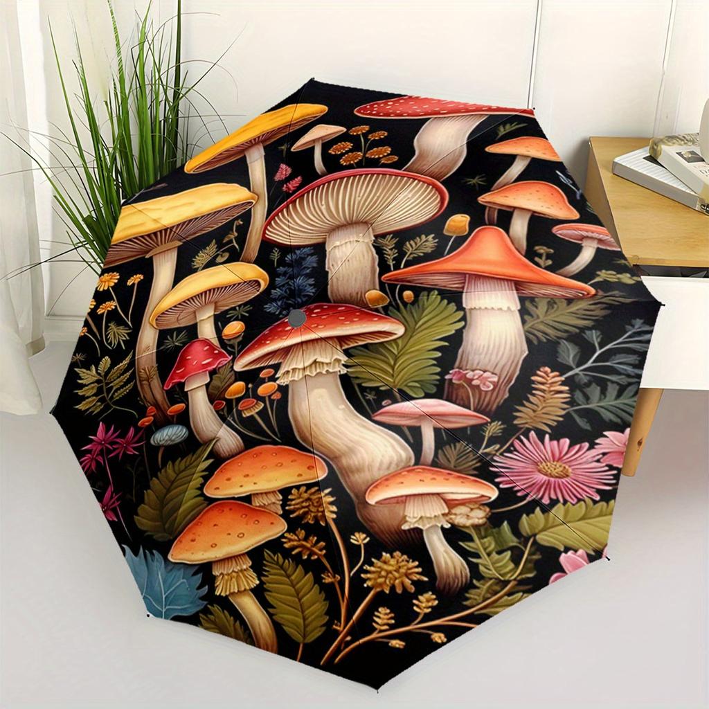 Automatic Folding Umbrella The Umbrella Has a Pattern of Colorful Mushrooms and Botanical Designs. Portable Collapsible Design