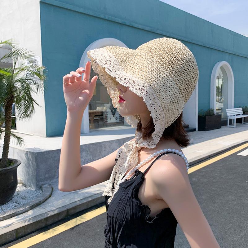 Hat Female Summer Internet Celebrity Lace Strap Straw Hat New Fashion Beach Visor