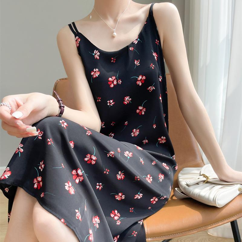 Acetate Satin Floral Suspender Skirt for Women In Summer New Tulip U-neck Mid-length Dress Light Luxury Elegant Skirt