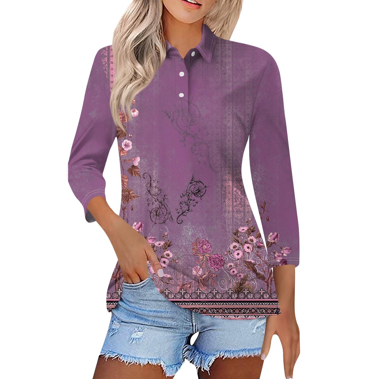 

Жіноча модна повсякденна сорочка з принтом 3/4 рукава, жіночі топи на ґудзиках S фіолетовий