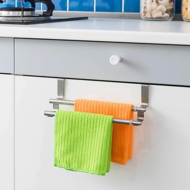 Stainless Steel Double-rod Towel Rack Household Door Retractable Rack Bathroom Storage Shelf