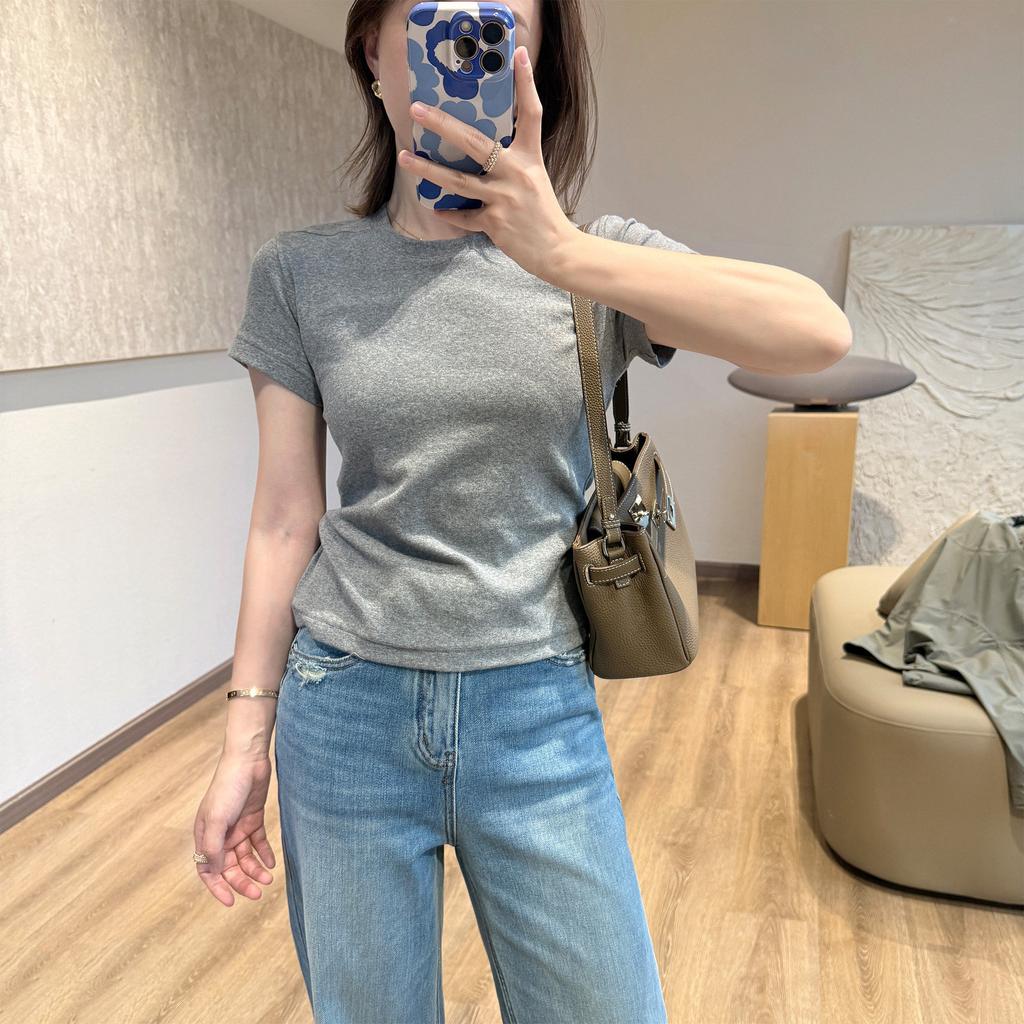 Women's Crew Neck Short Sleeve Tight Fit Japanese Casual Tencel Cotton Crop Top Basic Tee