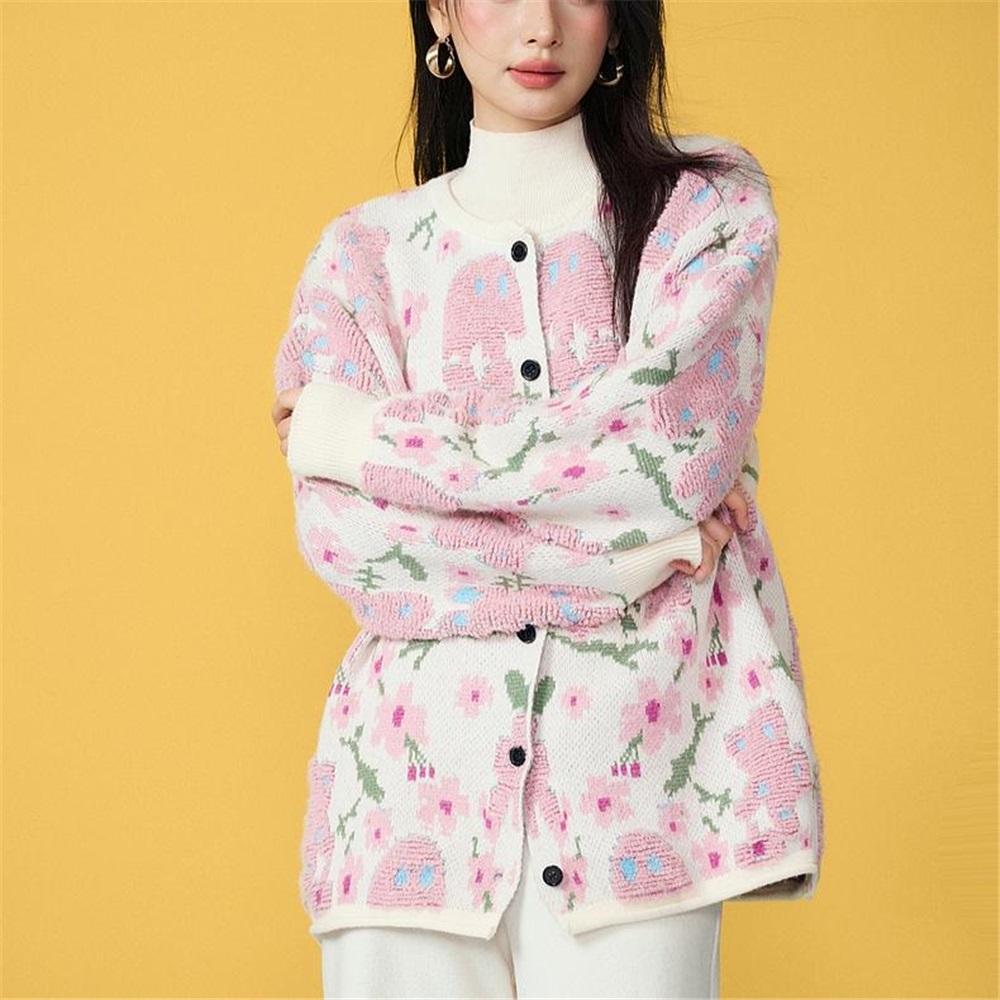 Sweaters Flower Coat Pink Cardigan Autumn Women Print O-Neck Bat Sweaters Knitting Loose Sweater Green