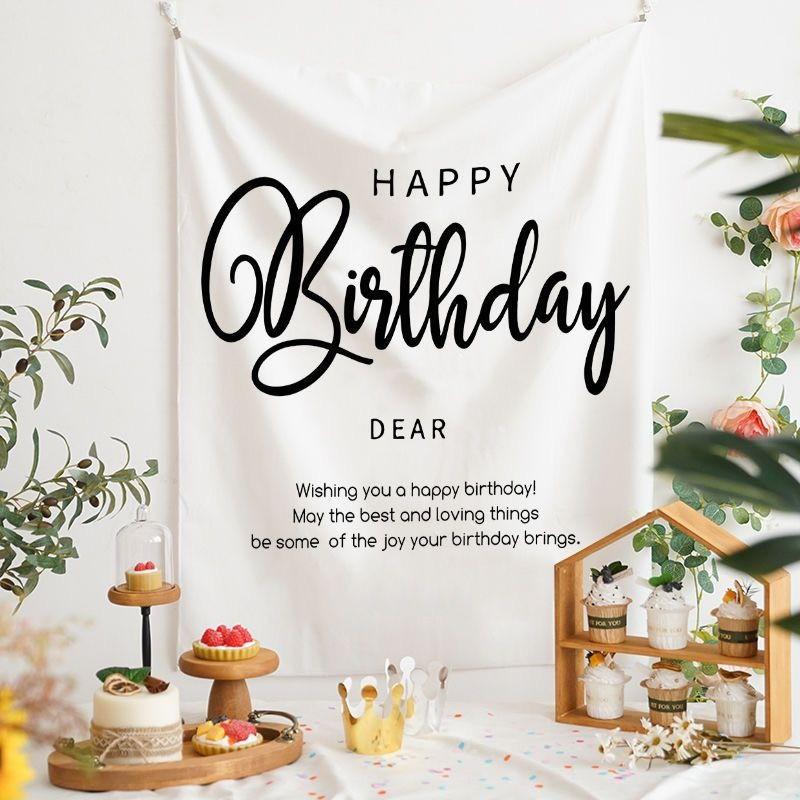 Minimalist Black White Happy Birthday Tapestry Party Backdrop for Kids Adults Birthday Decor Bedroom Photo Background