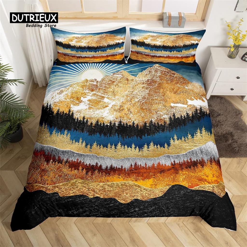 Abstract Mountain Duvet Cover Natural Scenery Art King Bedding Set For Nature Lover Gift Woodland Hiking Adventure Quilt Cover