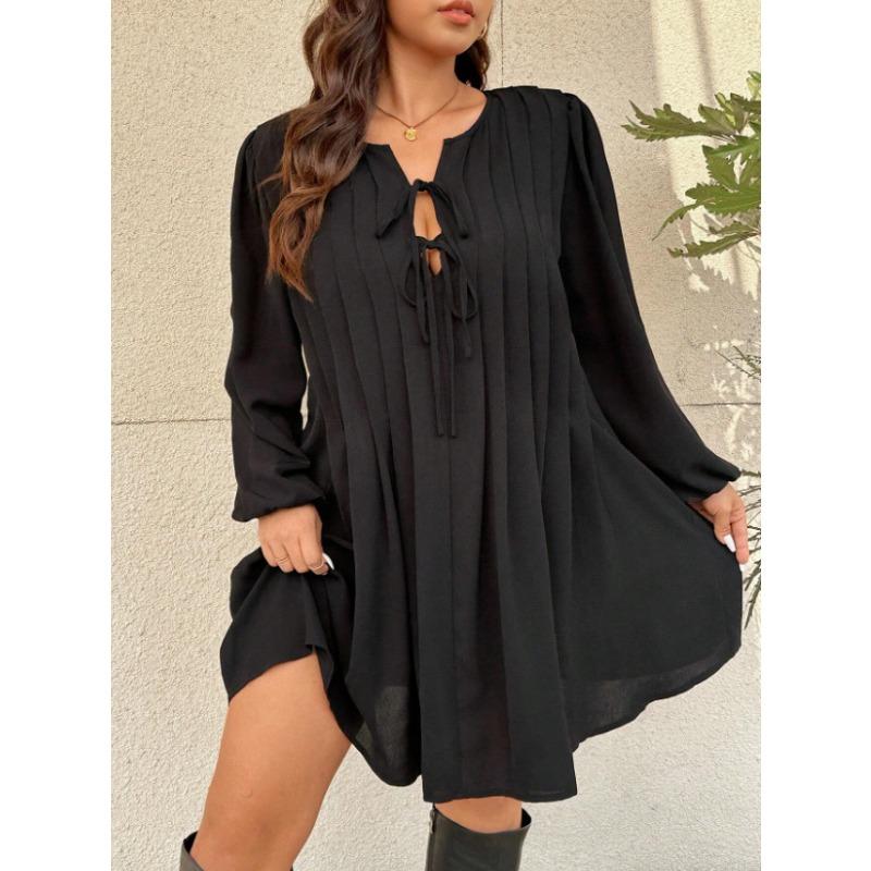 Loose Plus Size Solid V Neck Long Sleeve Casual Dress