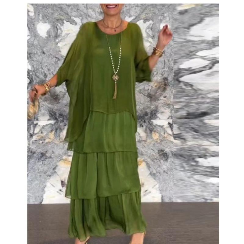 

women s Elegant Solid Color Chiffon Batwing Sleeve Round Neck Tiered Ruffle Maxi Dress Casual Long Gown 4XL темно-зелений колір