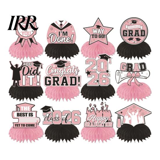 Waterproof Graduation Decorations 12Pcs 2026 Honeycomb Decor 3D Centerpieces for Commencement Party Red & Stars And Badges Black Theme