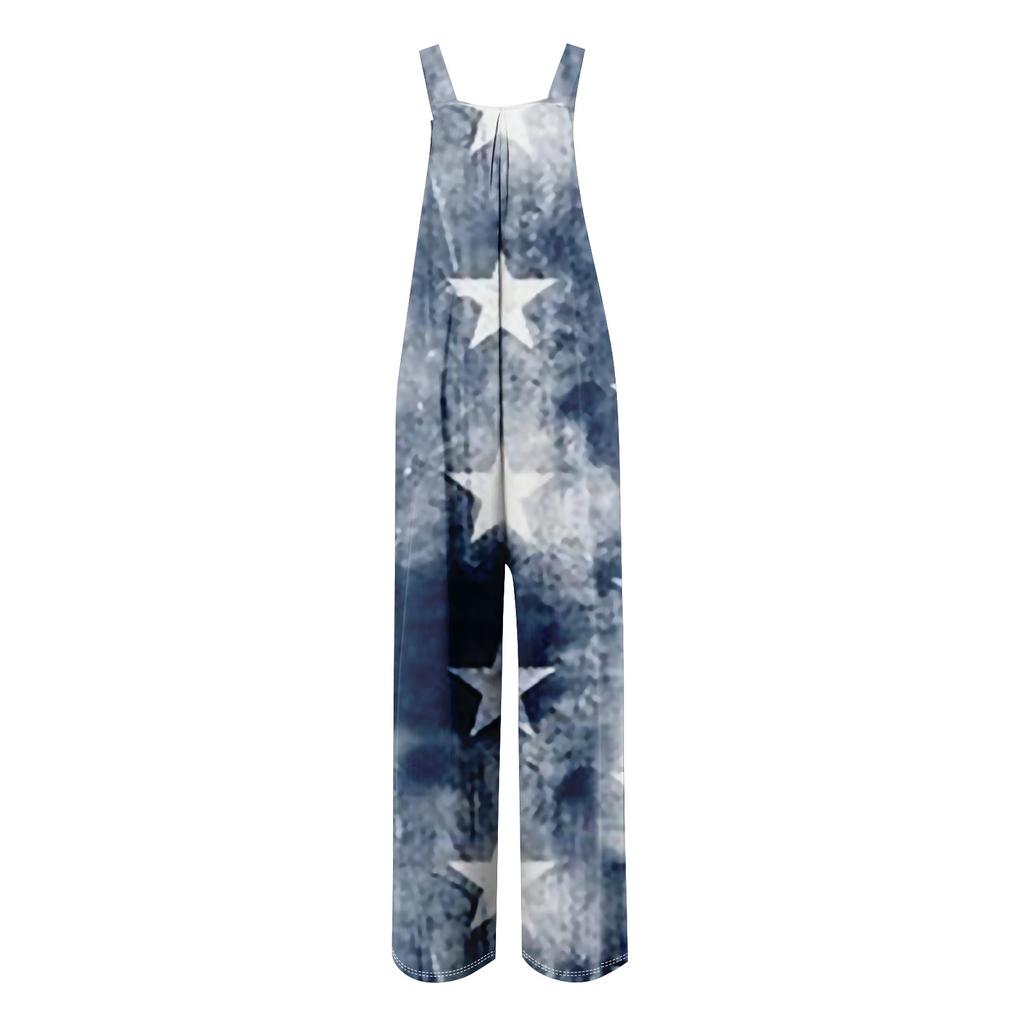 Wide Leg Overalls For Women Casual Loose Sleeveless  Print Button Long Pant Romper Jumpsuit With Pockets
