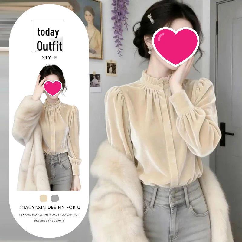 2026 Spring/Autumn Ruffled Collar Velvet Long-Sleeve Shirt L (105-115 jin)