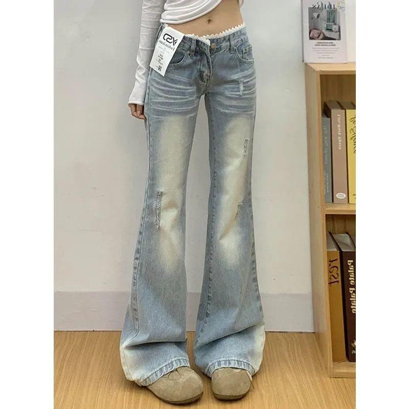 

Ретро джинсы микро-клеш с высокой посадкой женские новые весенне-летние облегающие и тонкие брюки-клеш с кружевной отделкой XL синий