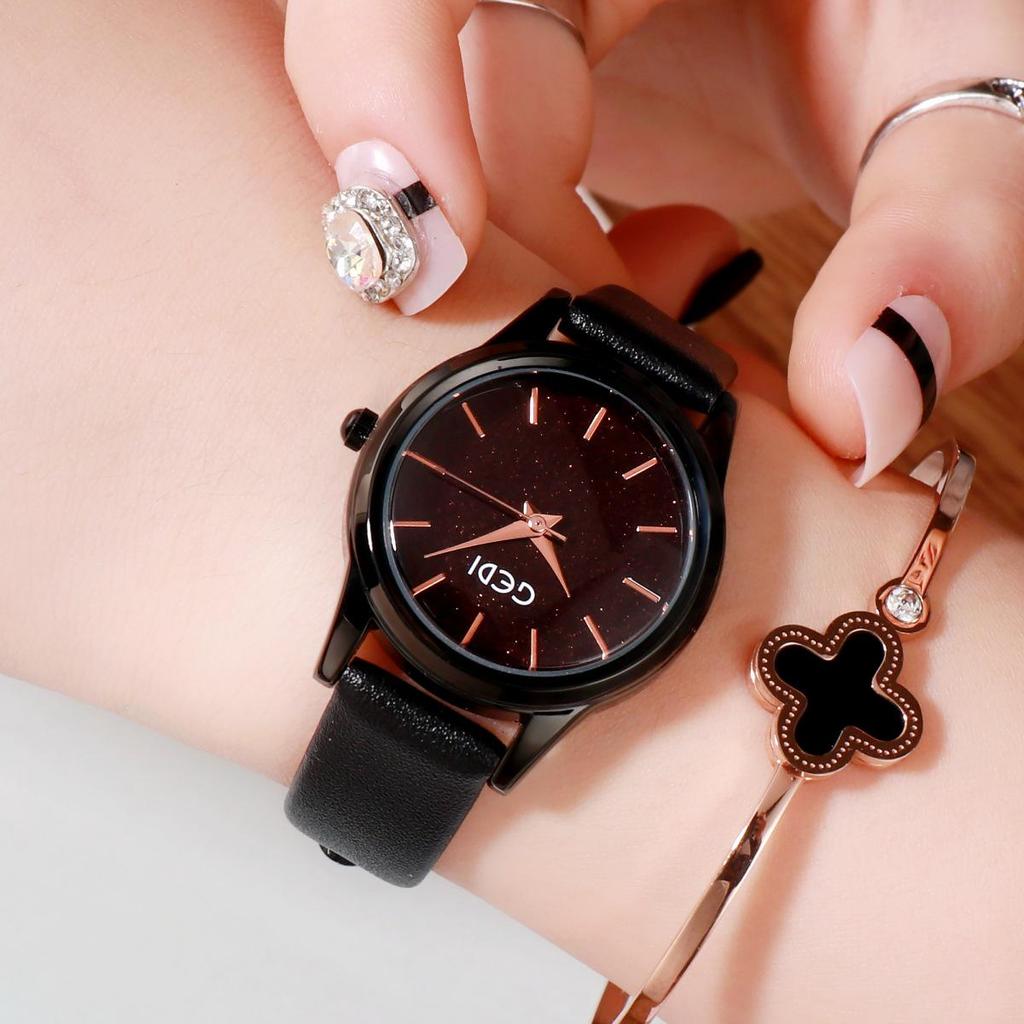 Gedi Fashion Glitter Women's High-End Waterproof Quartz Watch with Leather Strap